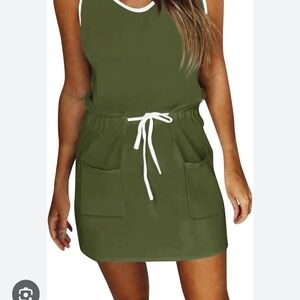 Sleeveless Olive Green Drawstring Pocket Mini Dress